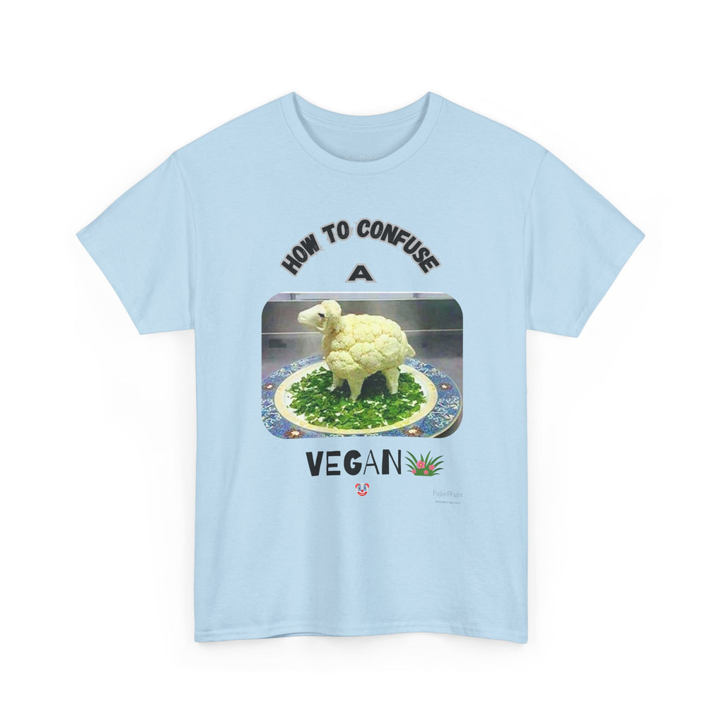 Humorous Tee "How to Confuse a Vegan" Cauliflower Sheep Graphic Shirt
