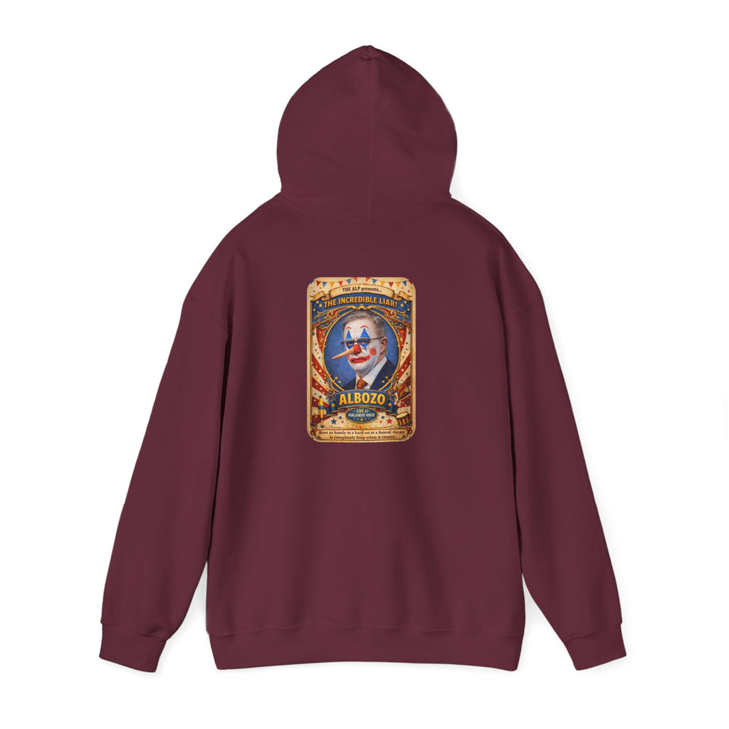 Clown Circus Poster Hoodie — 'Albozo' Retro Carnival Graphic Sweatshirt