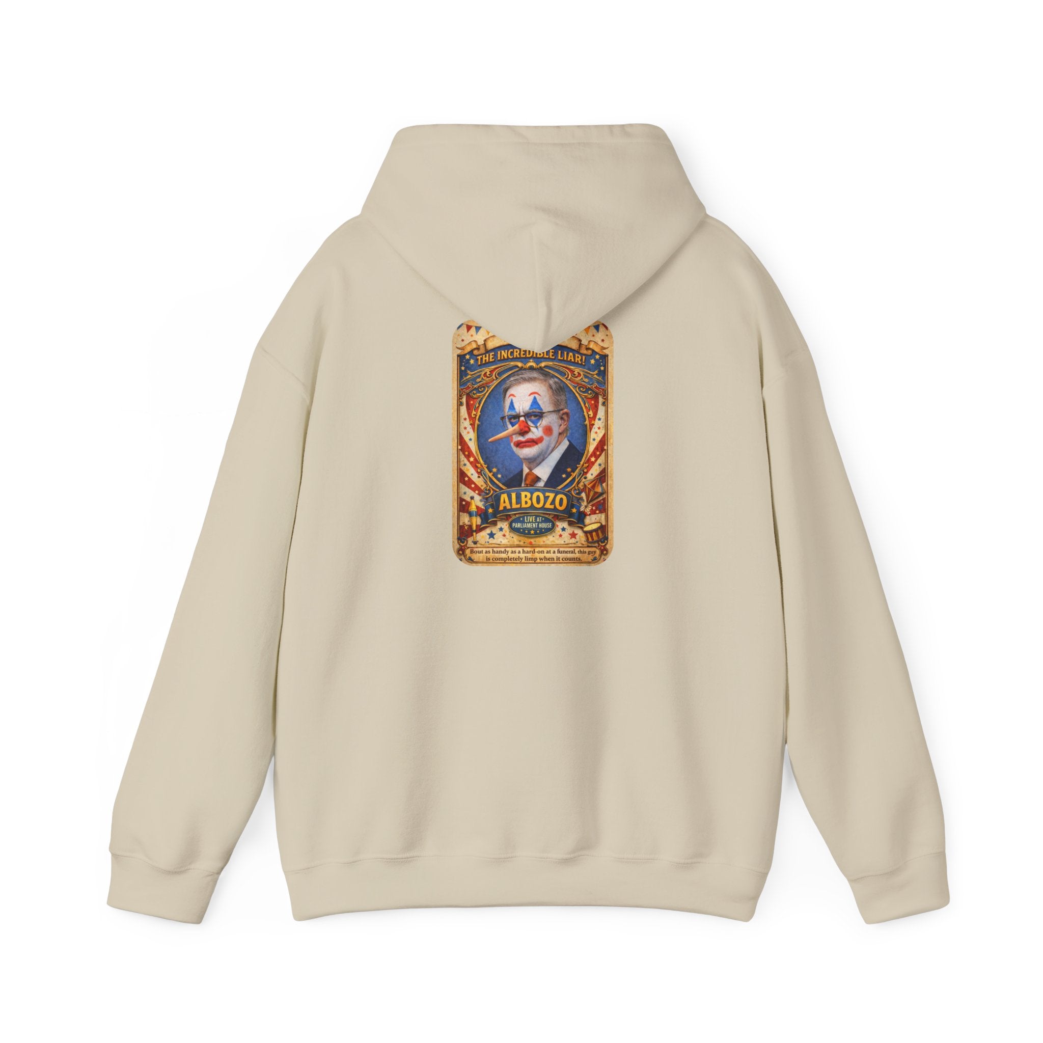 Clown Circus Poster Hoodie — 'Albozo' Retro Carnival Graphic Sweatshirt