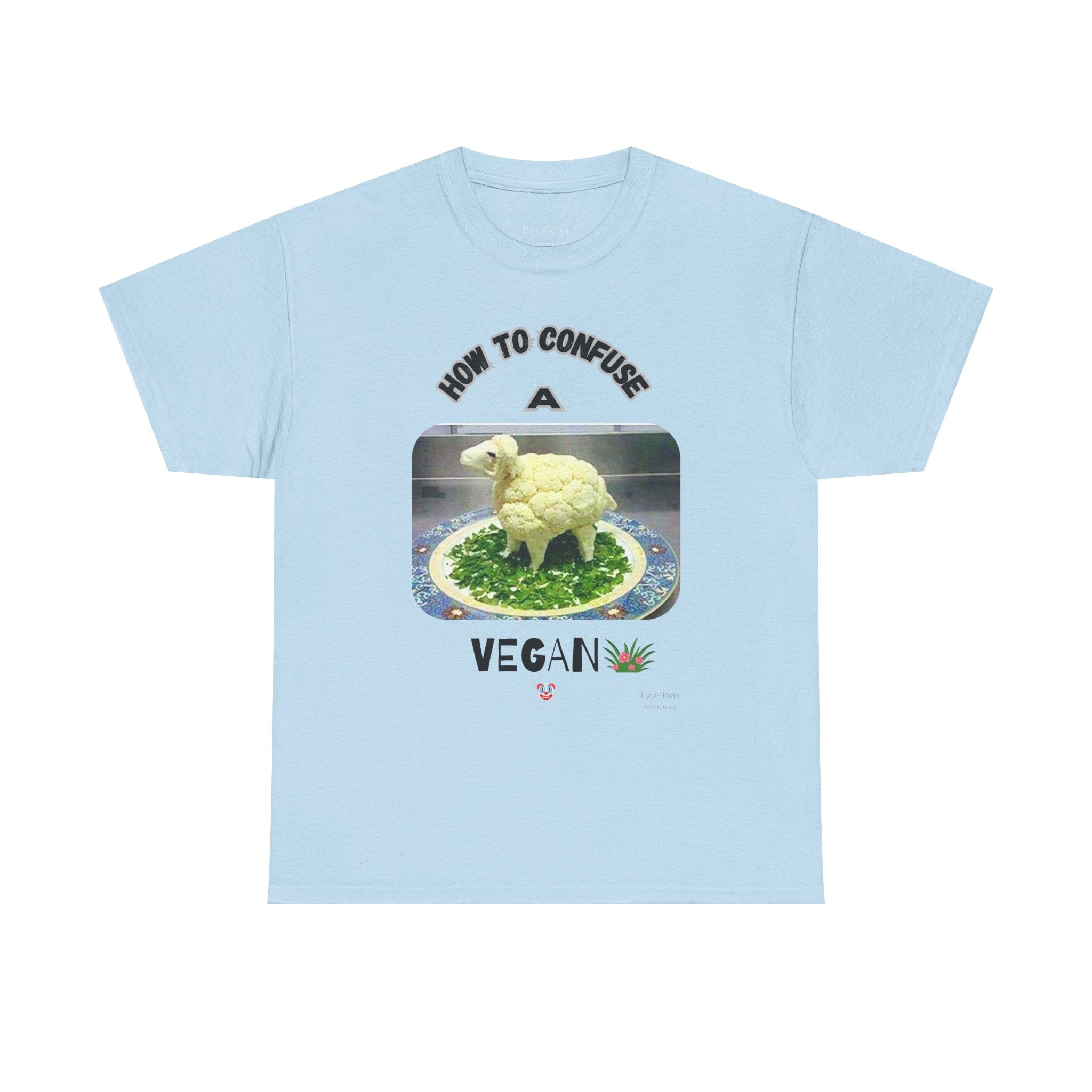 Humorous Tee "How to Confuse a Vegan" Cauliflower Sheep Graphic Shirt