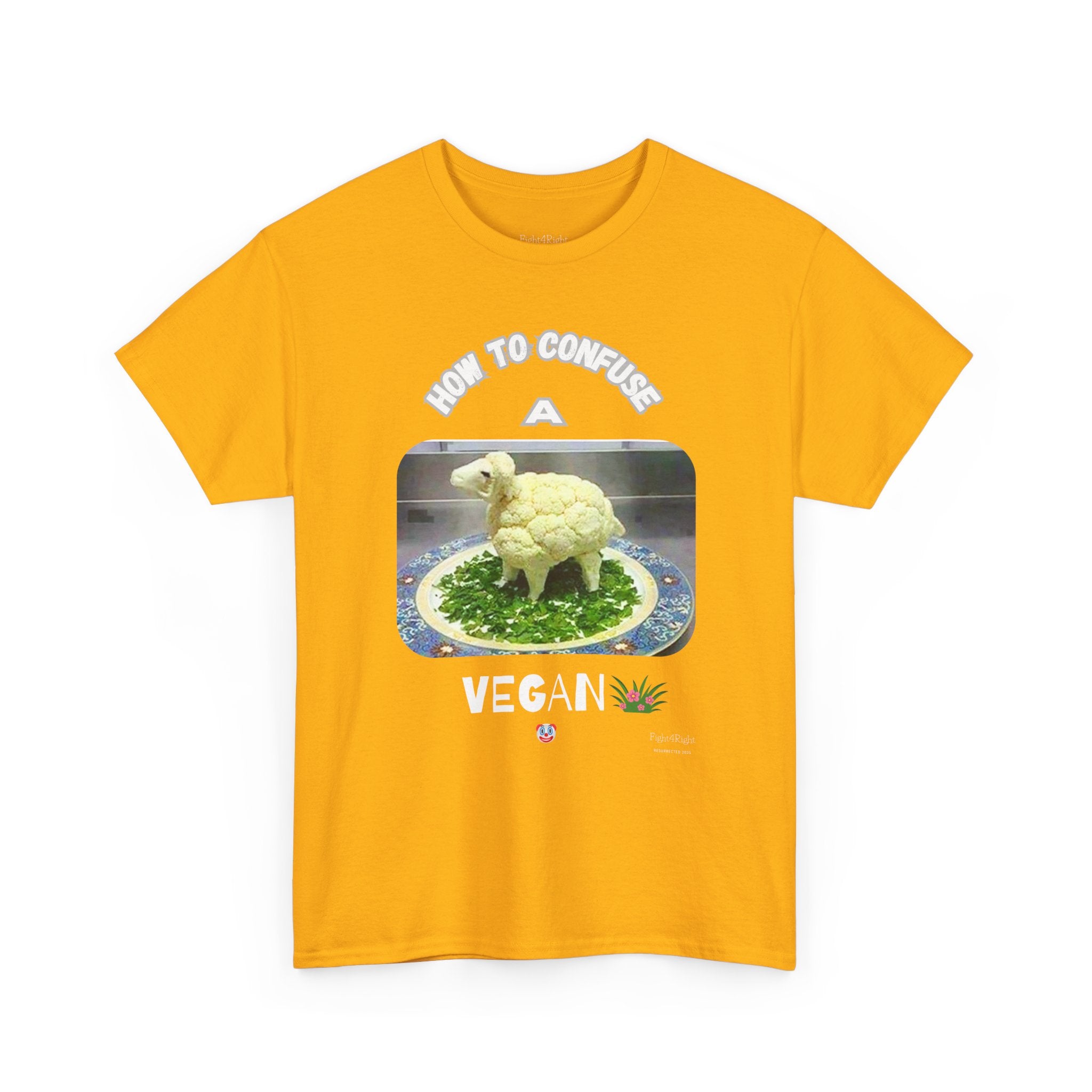Humorous Tee "How to Confuse a Vegan" Cauliflower Sheep Graphic Shirt