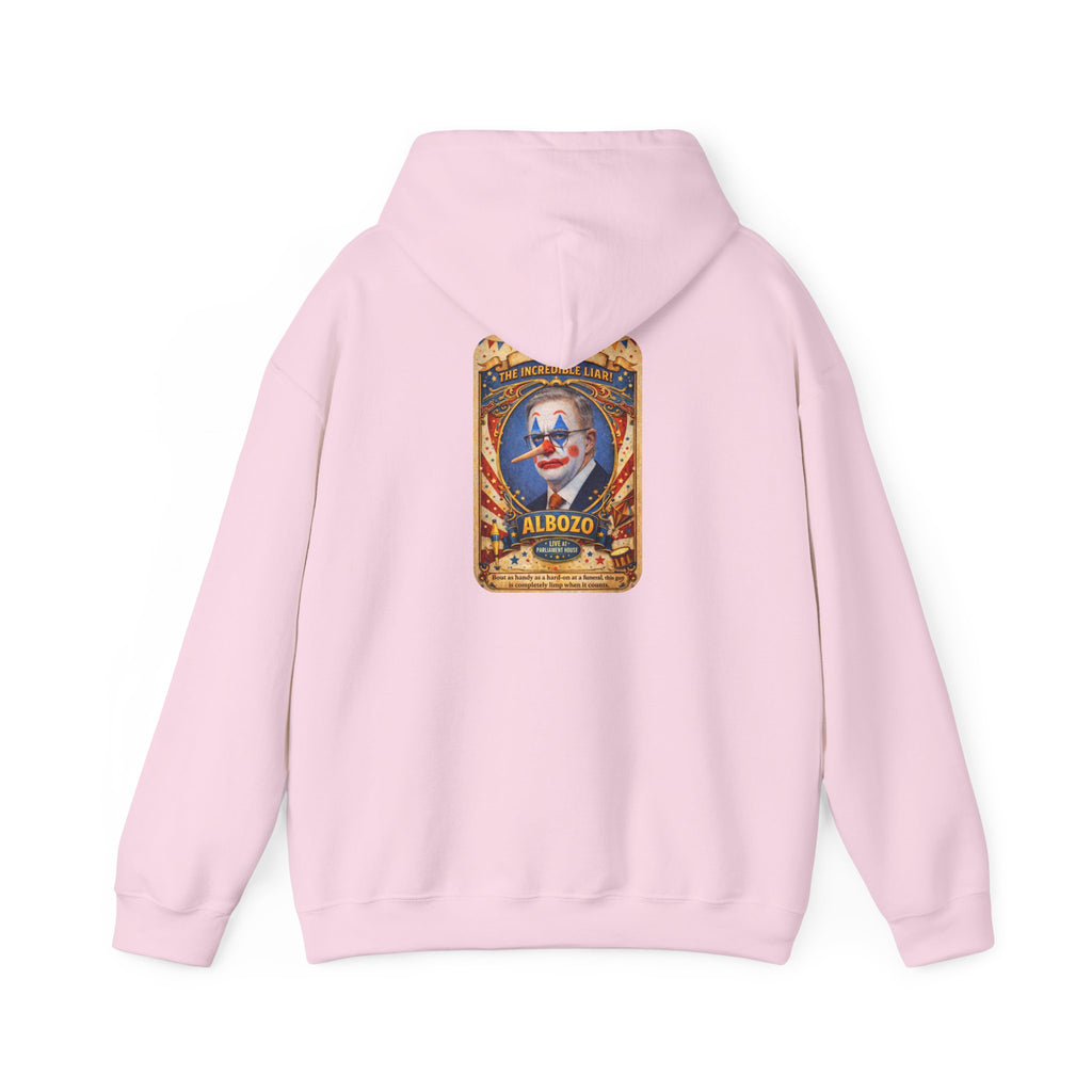 Clown Circus Poster Hoodie — 'Albozo' Retro Carnival Graphic Sweatshirt