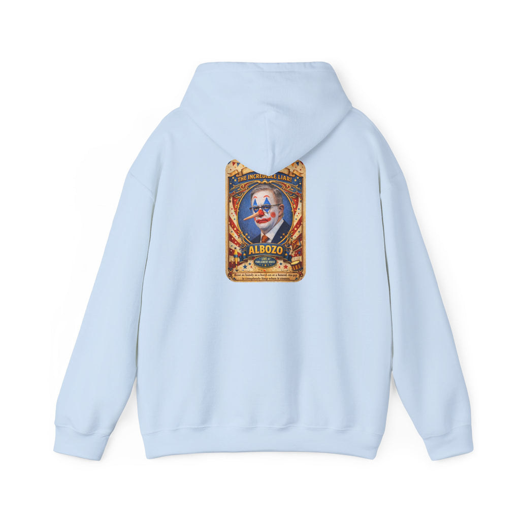 Clown Circus Poster Hoodie — 'Albozo' Retro Carnival Graphic Sweatshirt