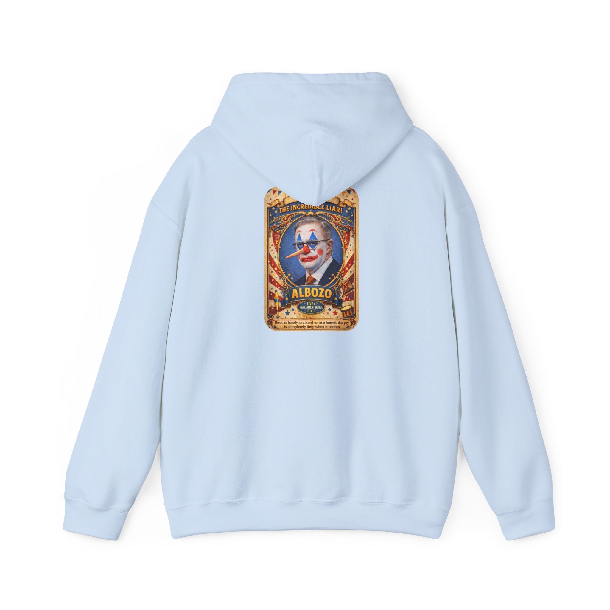 Clown Circus Poster Hoodie — 'Albozo' Retro Carnival Graphic Sweatshirt