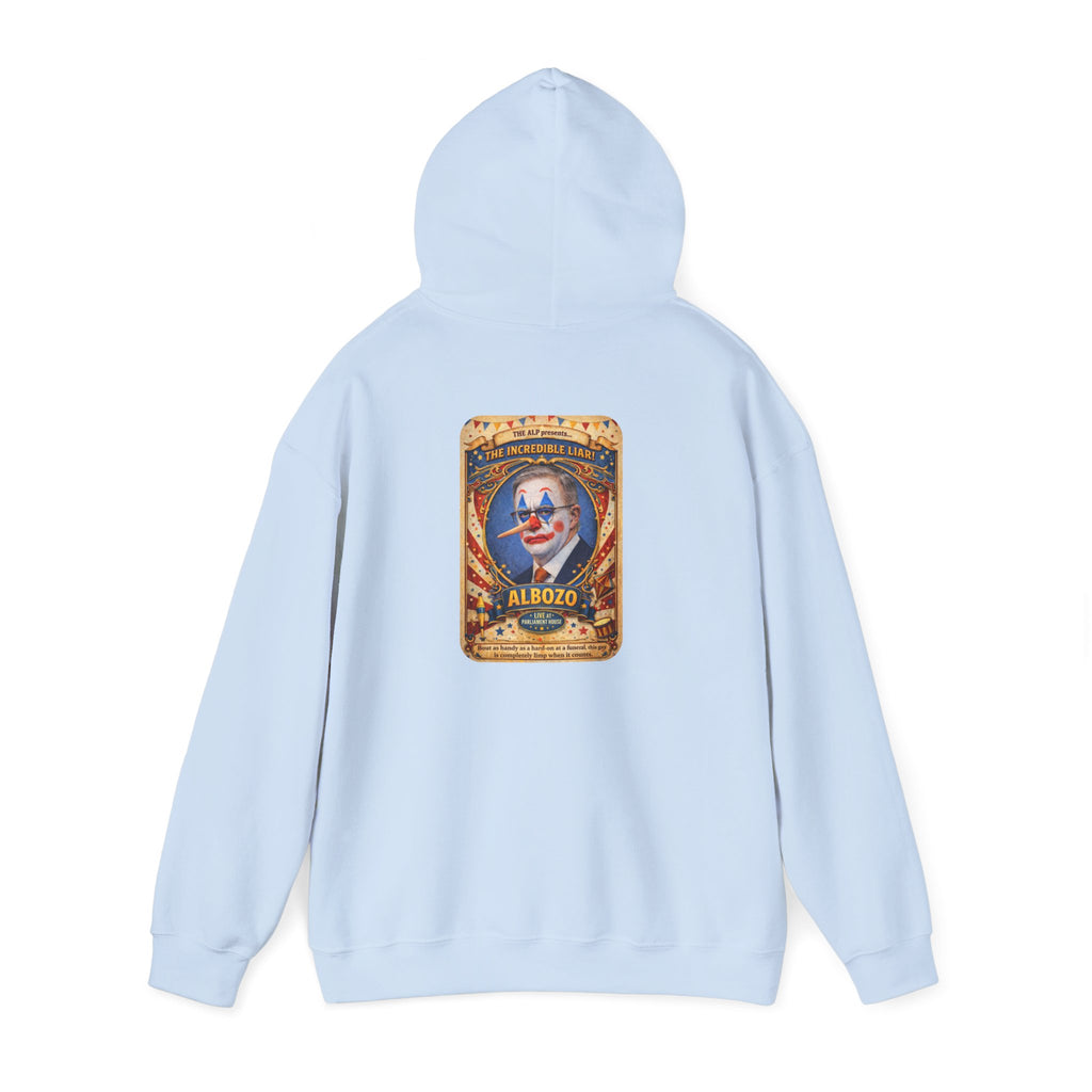 Clown Circus Poster Hoodie — 'Albozo' Retro Carnival Graphic Sweatshirt
