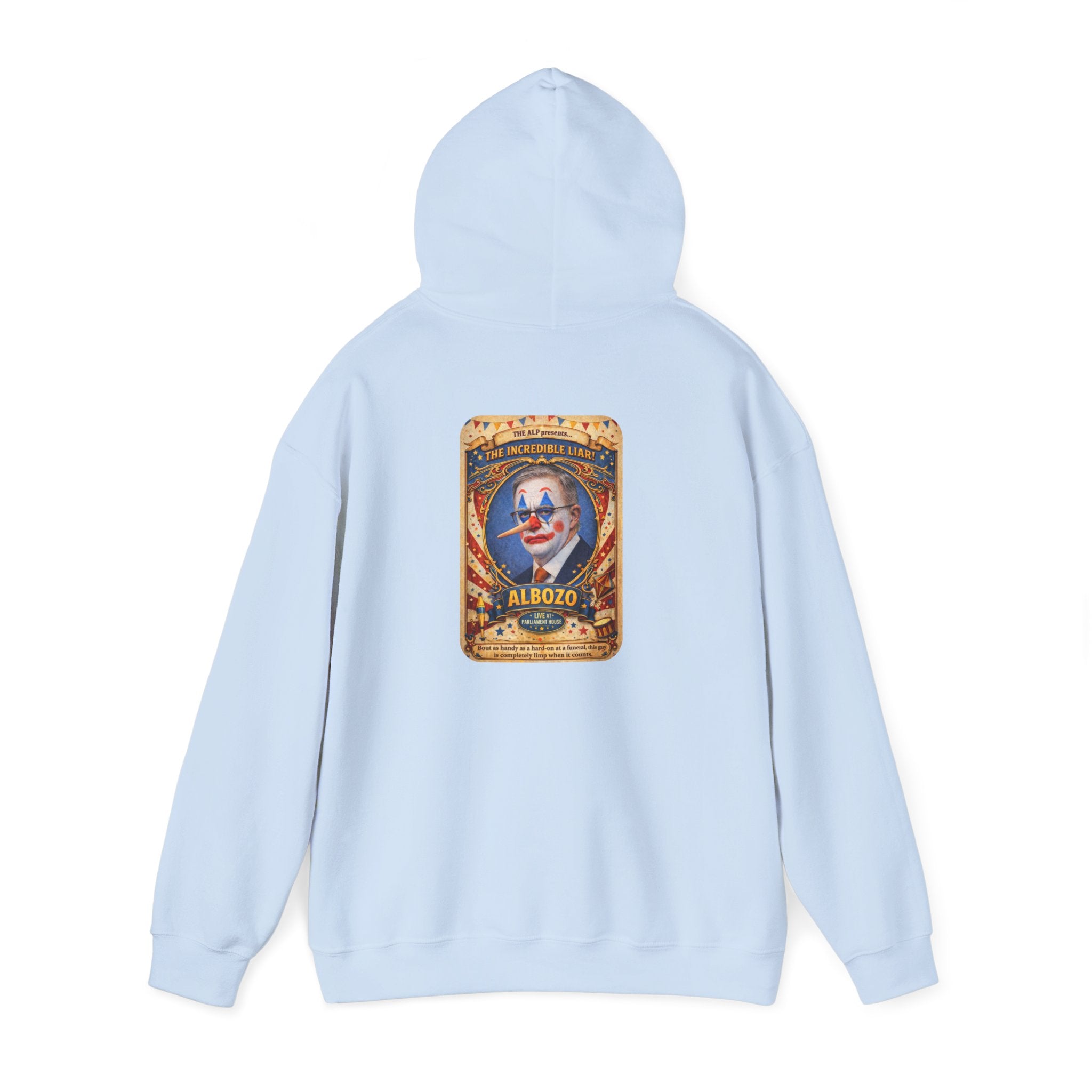 Clown Circus Poster Hoodie — 'Albozo' Retro Carnival Graphic Sweatshirt