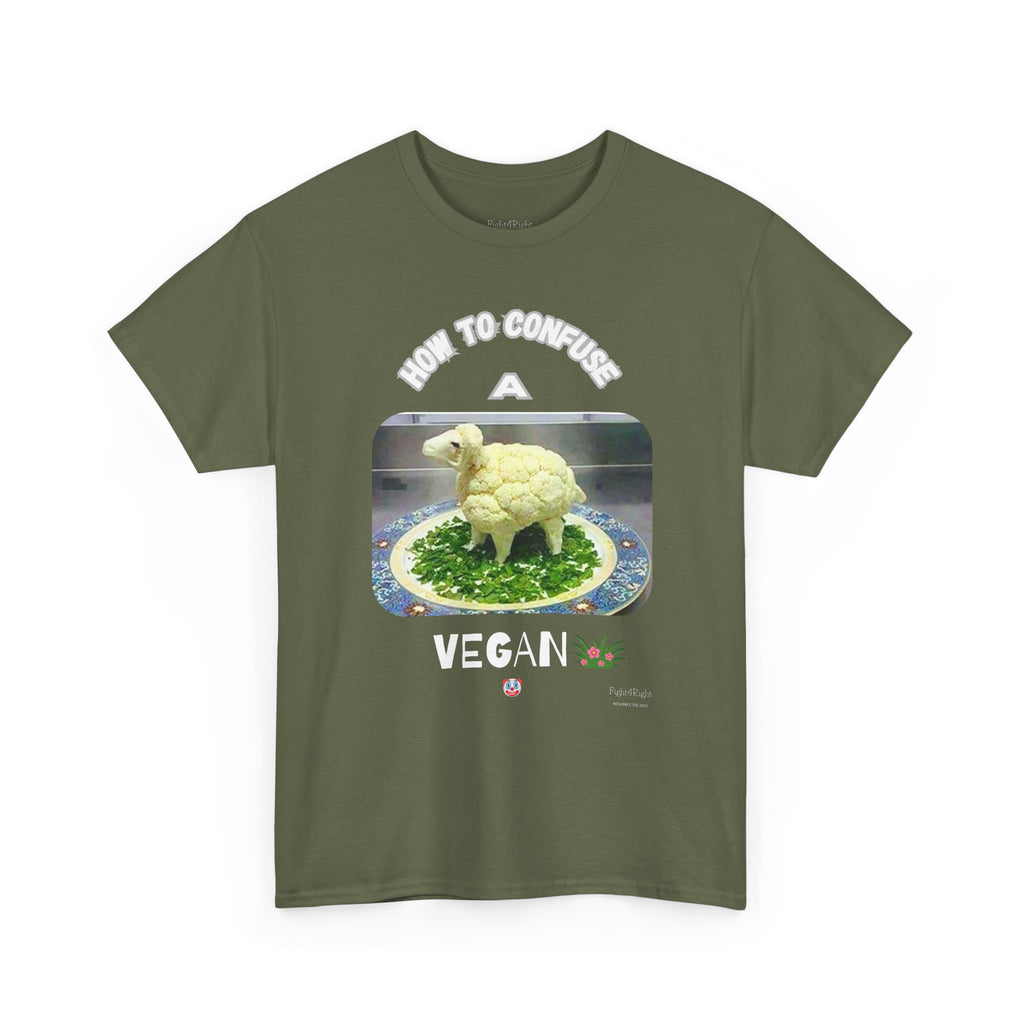 Humorous Tee "How to Confuse a Vegan" Cauliflower Sheep Graphic Shirt