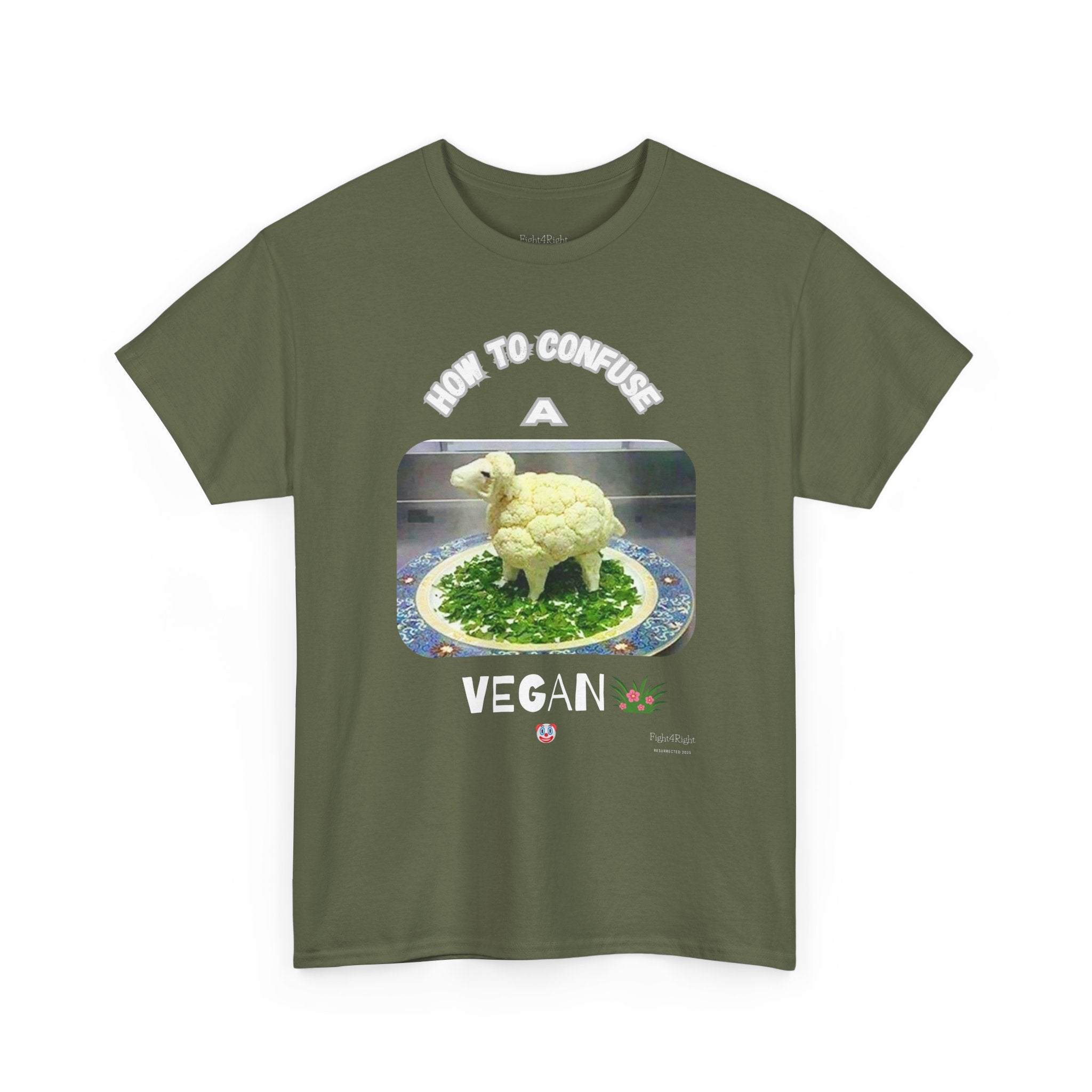 Humorous Tee "How to Confuse a Vegan" Cauliflower Sheep Graphic Shirt
