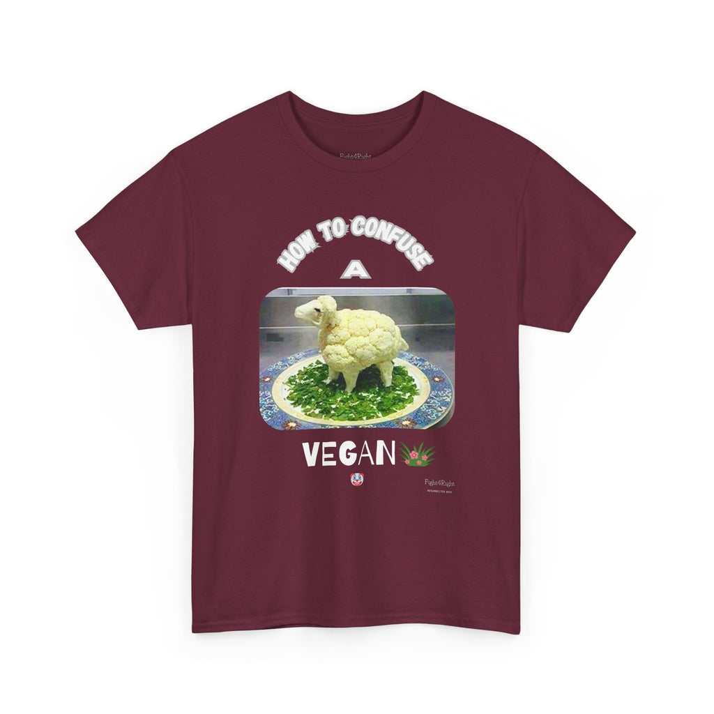 Humorous Tee "How to Confuse a Vegan" Cauliflower Sheep Graphic Shirt