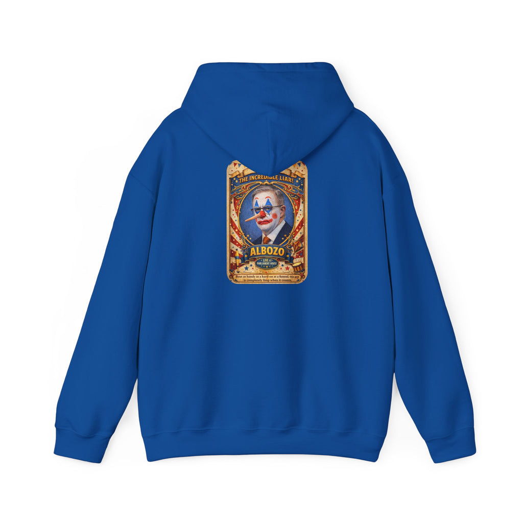 Clown Circus Poster Hoodie — 'Albozo' Retro Carnival Graphic Sweatshirt
