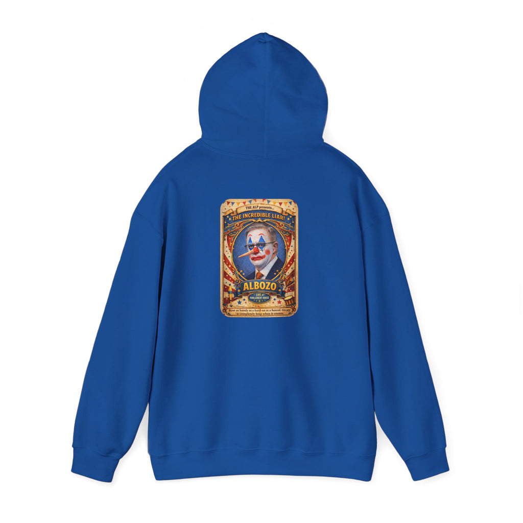 Clown Circus Poster Hoodie — 'Albozo' Retro Carnival Graphic Sweatshirt
