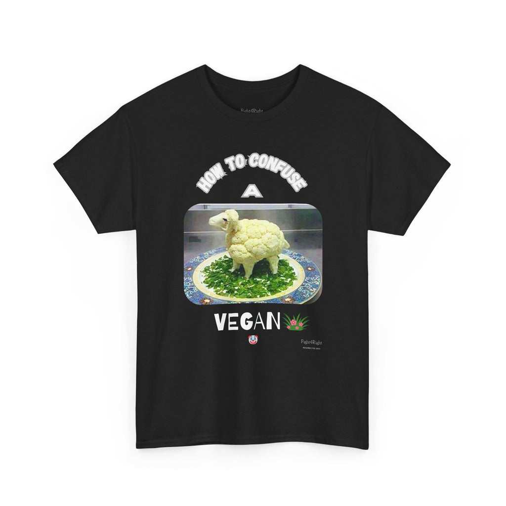 Humorous Tee "How to Confuse a Vegan" Cauliflower Sheep Graphic Shirt