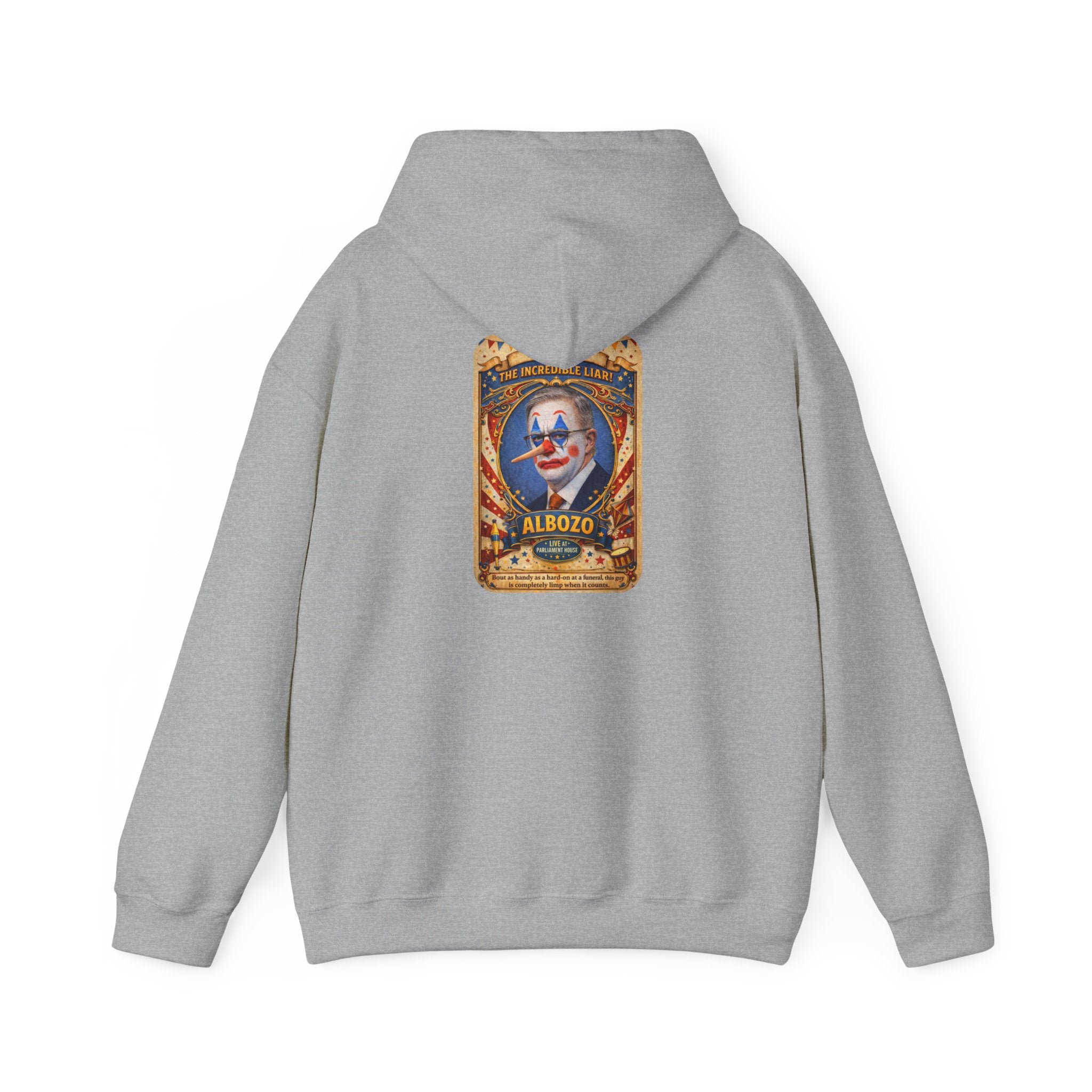 Clown Circus Poster Hoodie — 'Albozo' Retro Carnival Graphic Sweatshirt