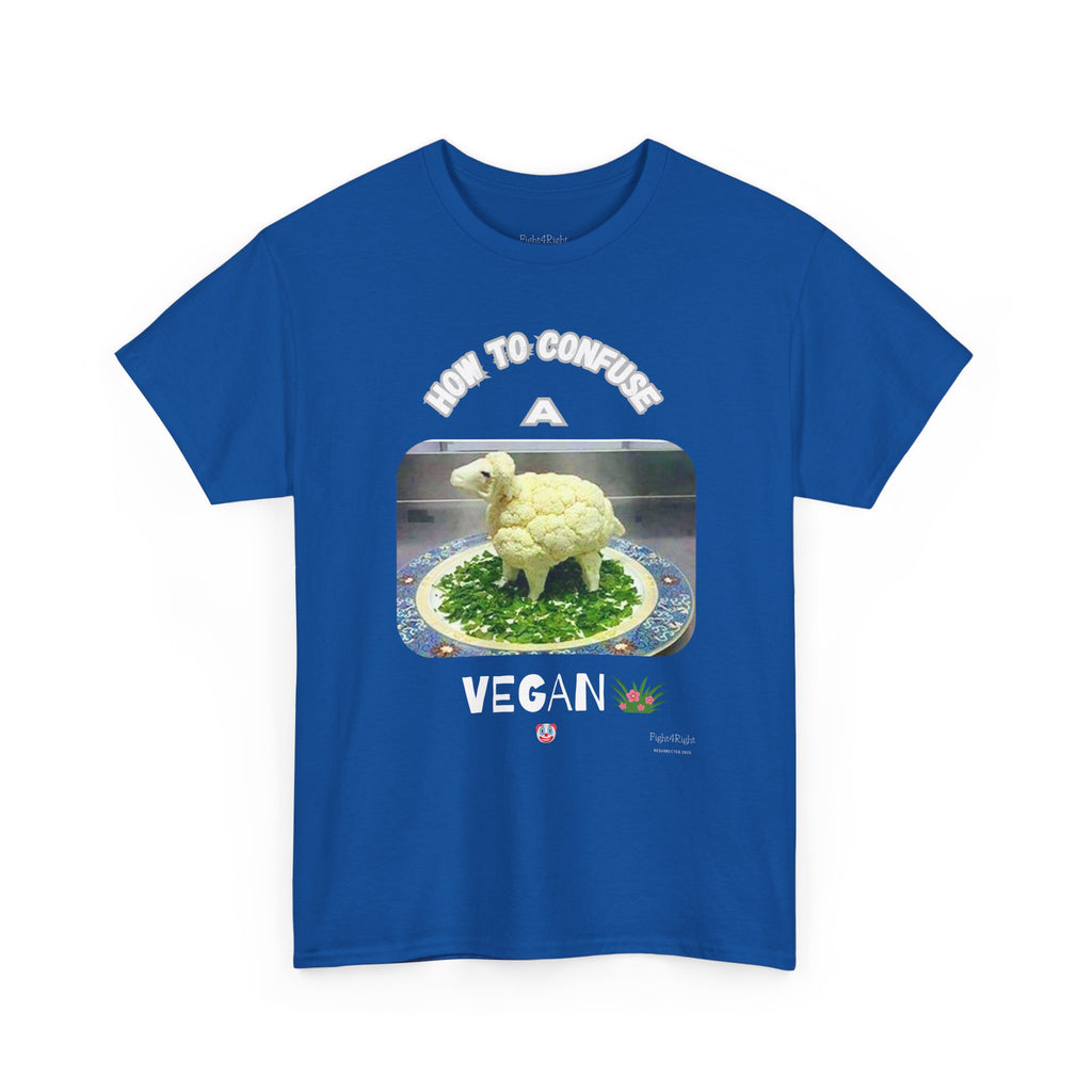 Humorous Tee "How to Confuse a Vegan" Cauliflower Sheep Graphic Shirt