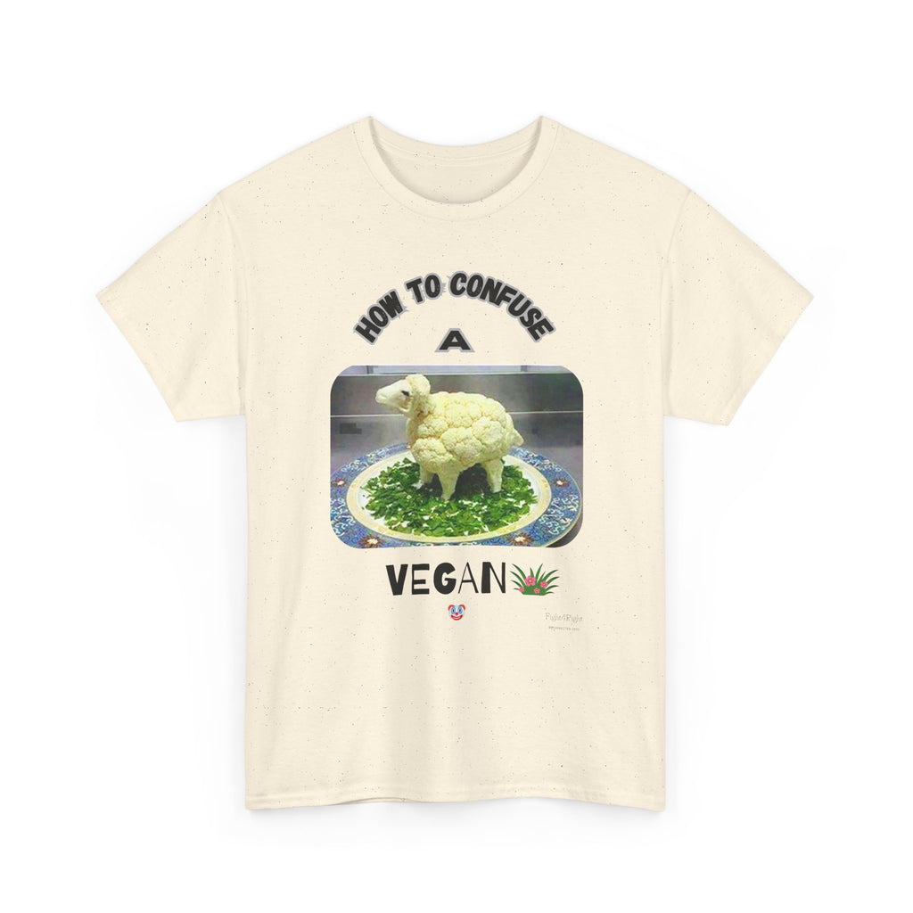 Humorous Tee "How to Confuse a Vegan" Cauliflower Sheep Graphic Shirt