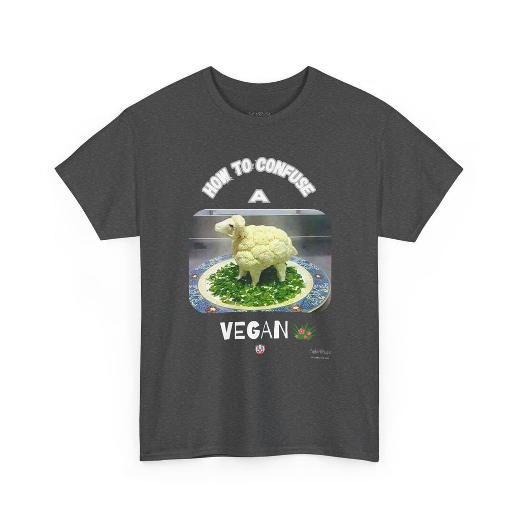 Humorous Tee "How to Confuse a Vegan" Cauliflower Sheep Graphic Shirt