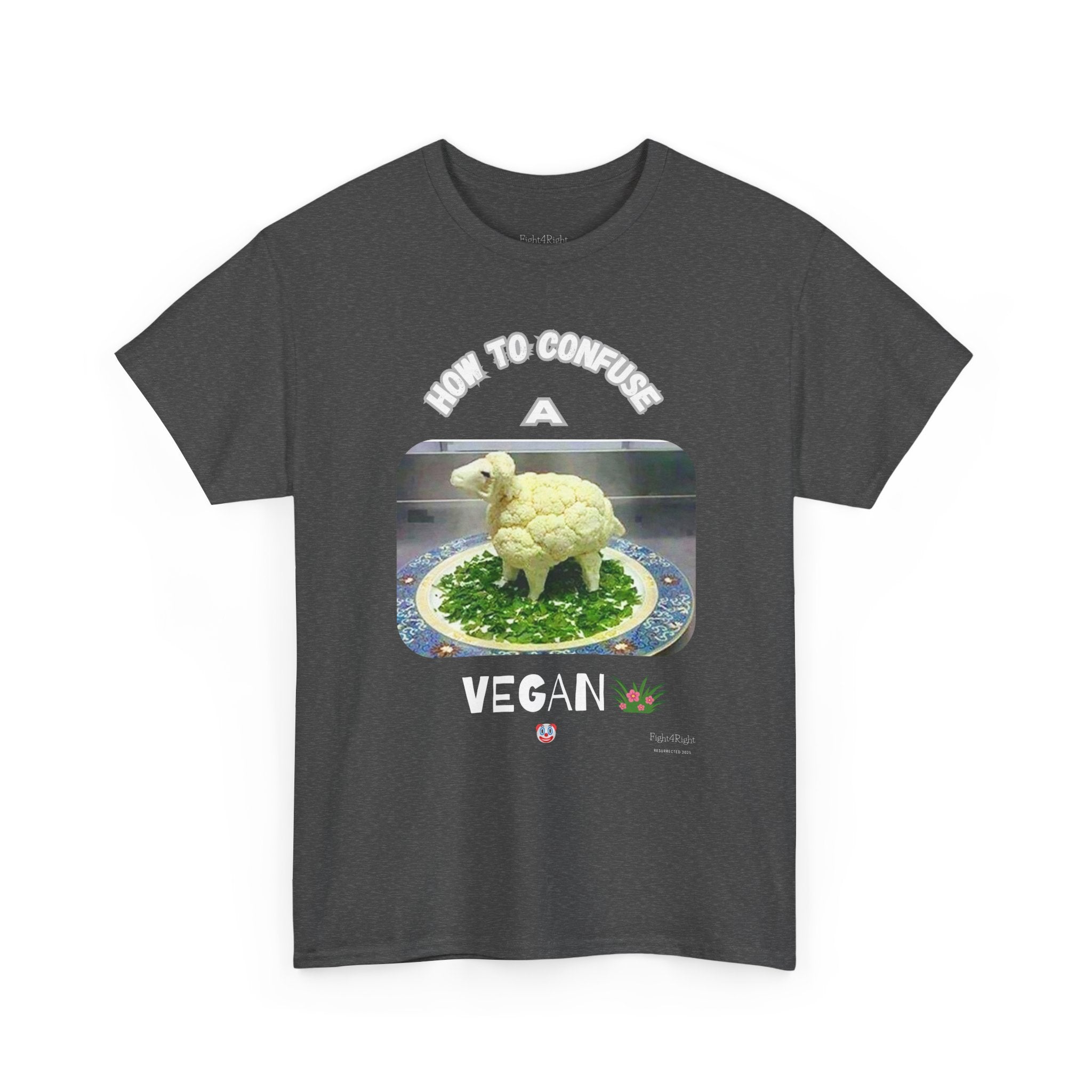 Humorous Tee "How to Confuse a Vegan" Cauliflower Sheep Graphic Shirt
