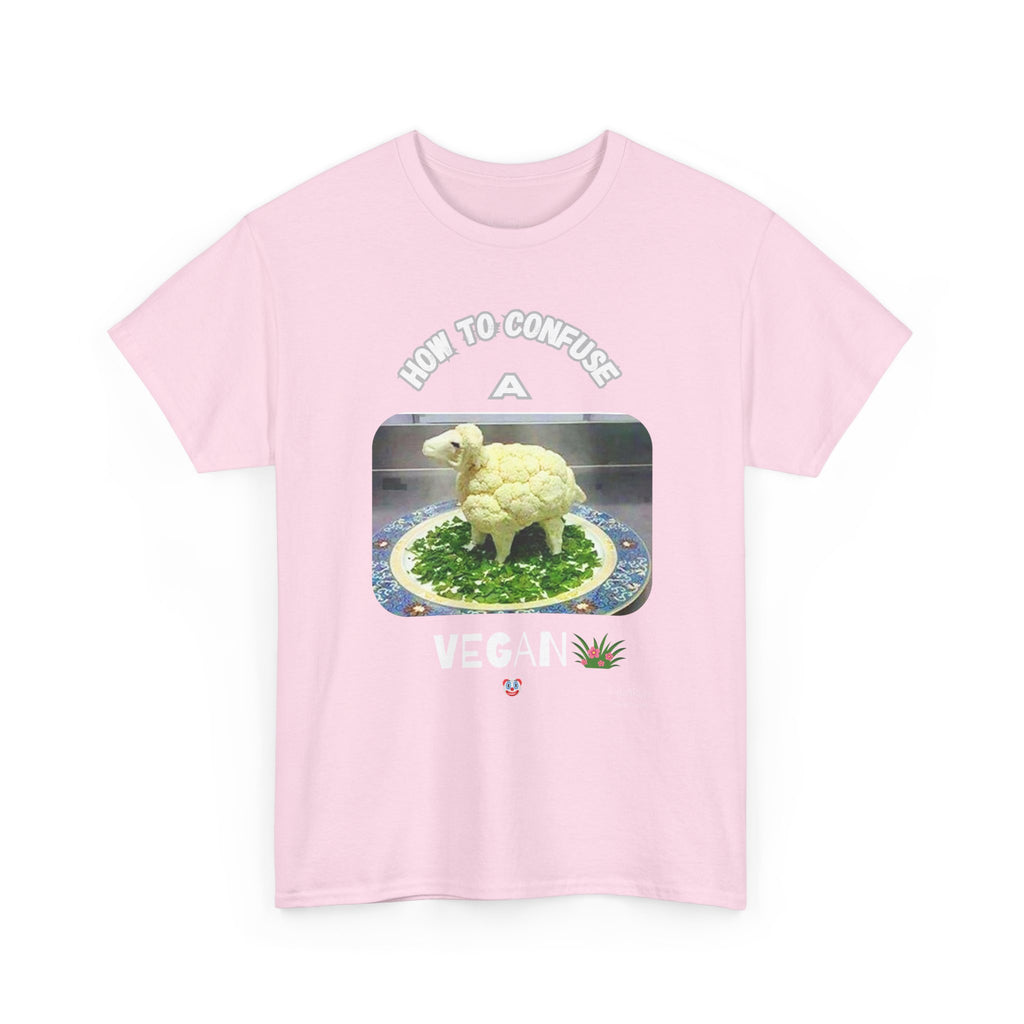 Humorous Tee "How to Confuse a Vegan" Cauliflower Sheep Graphic Shirt