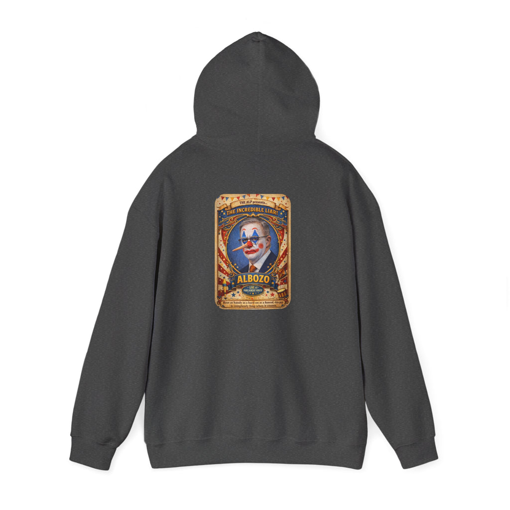 Clown Circus Poster Hoodie — 'Albozo' Retro Carnival Graphic Sweatshirt