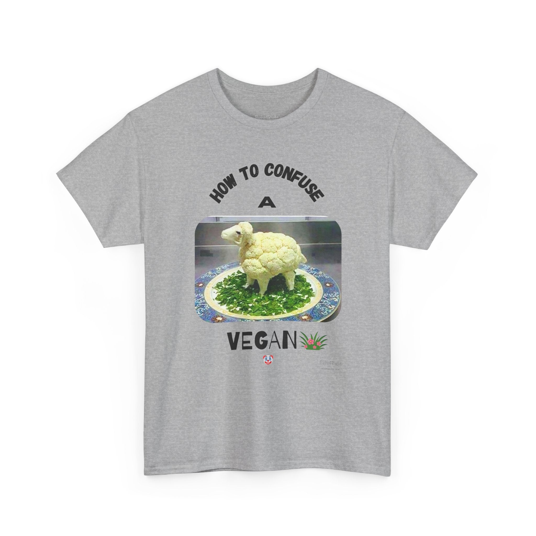 Humorous Tee "How to Confuse a Vegan" Cauliflower Sheep Graphic Shirt