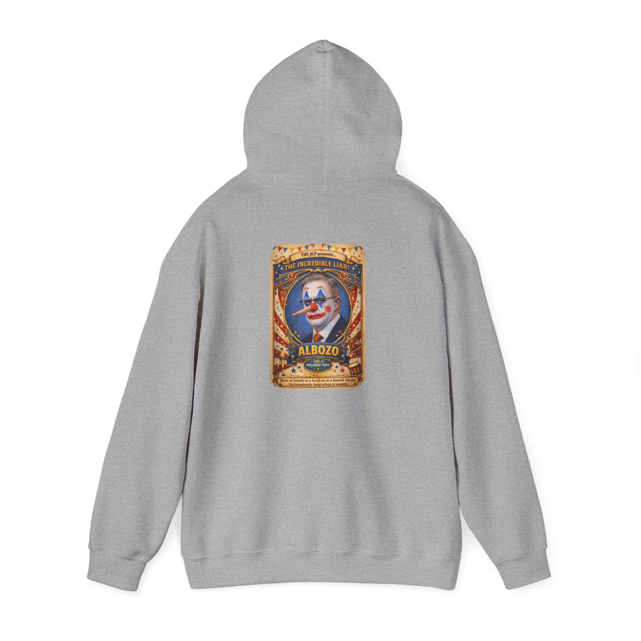 Clown Circus Poster Hoodie — 'Albozo' Retro Carnival Graphic Sweatshirt
