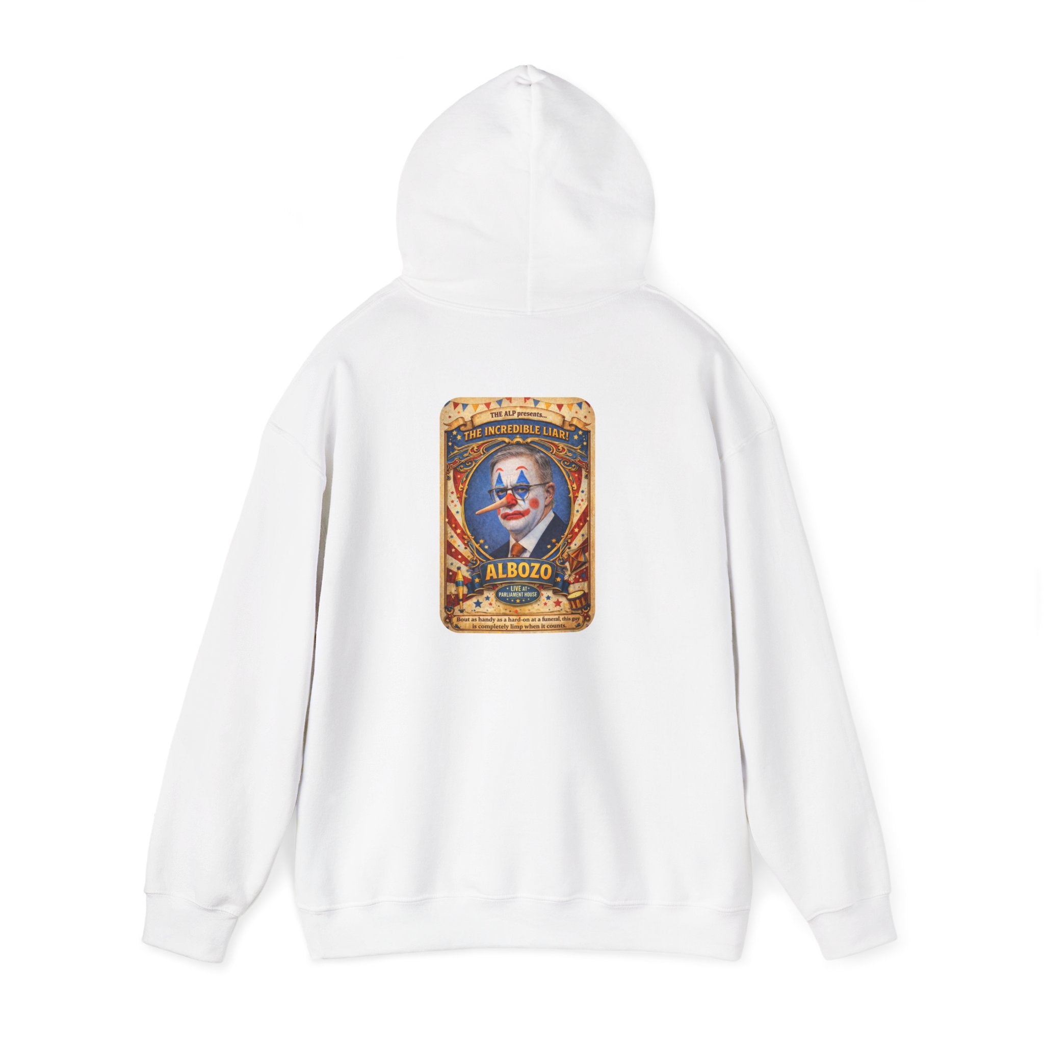 Clown Circus Poster Hoodie — 'Albozo' Retro Carnival Graphic Sweatshirt