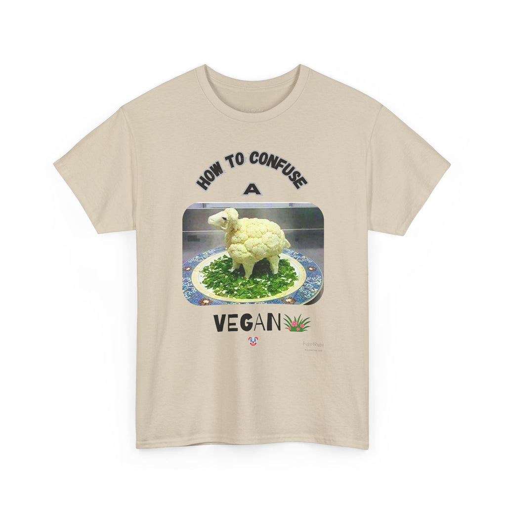Humorous Tee "How to Confuse a Vegan" Cauliflower Sheep Graphic Shirt