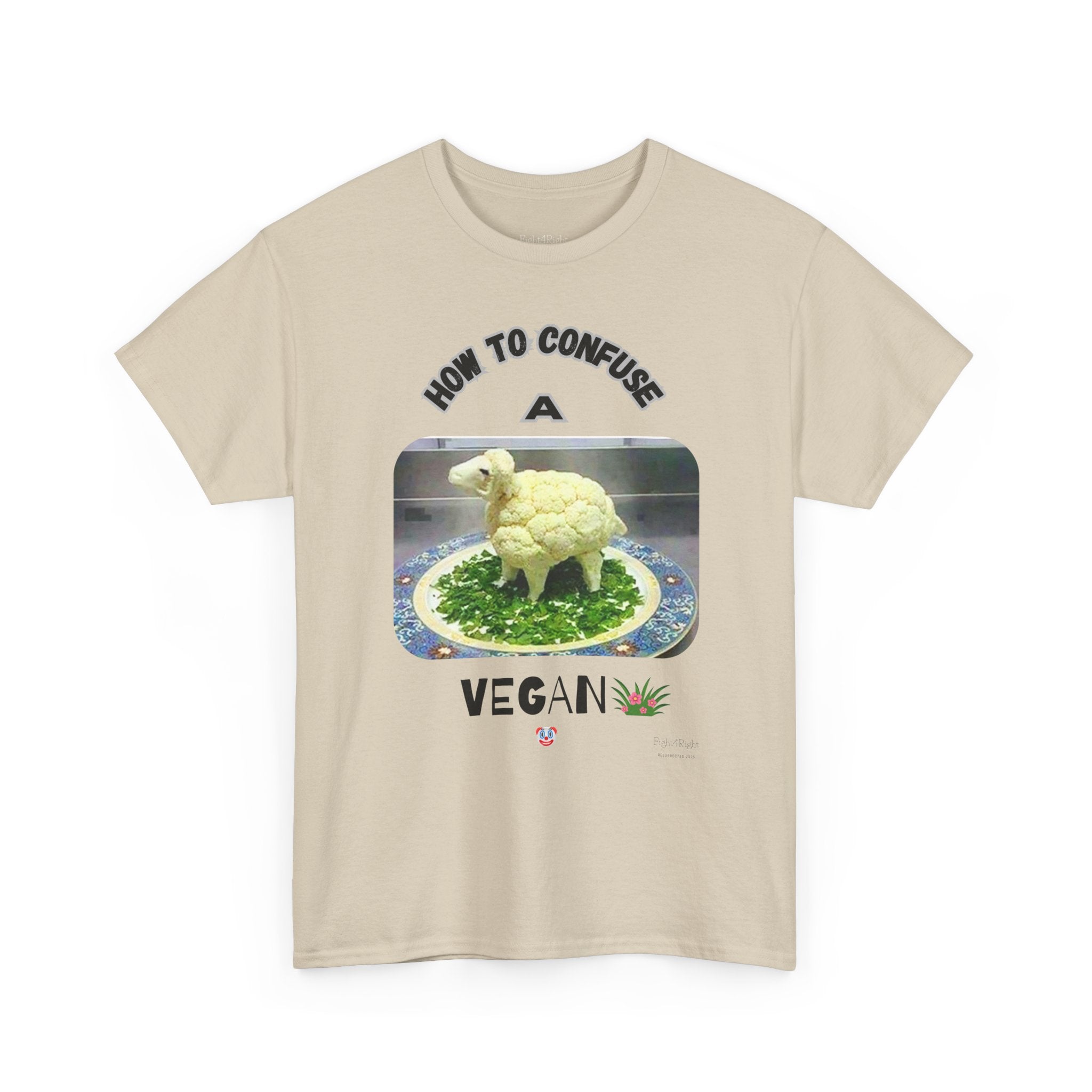 Humorous Tee "How to Confuse a Vegan" Cauliflower Sheep Graphic Shirt