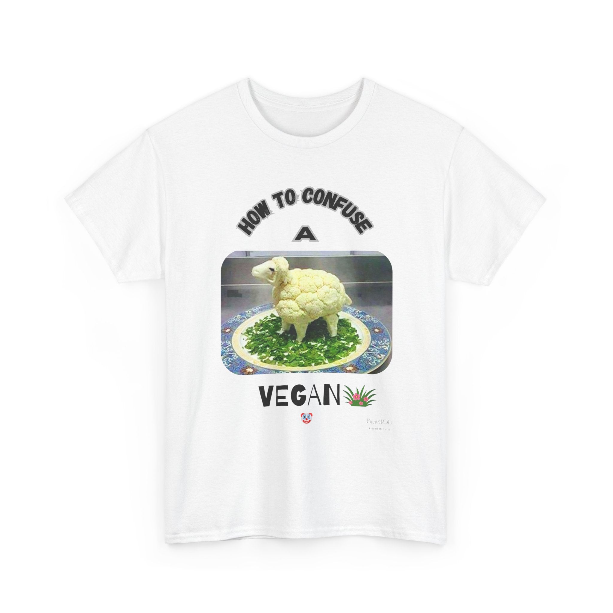 Humorous Tee "How to Confuse a Vegan" Cauliflower Sheep Graphic Shirt