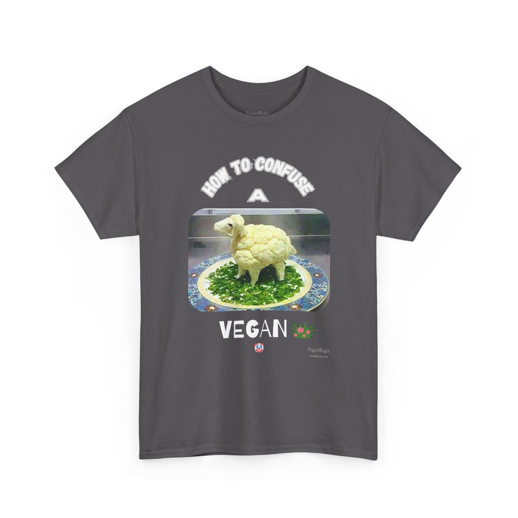 Humorous Tee "How to Confuse a Vegan" Cauliflower Sheep Graphic Shirt