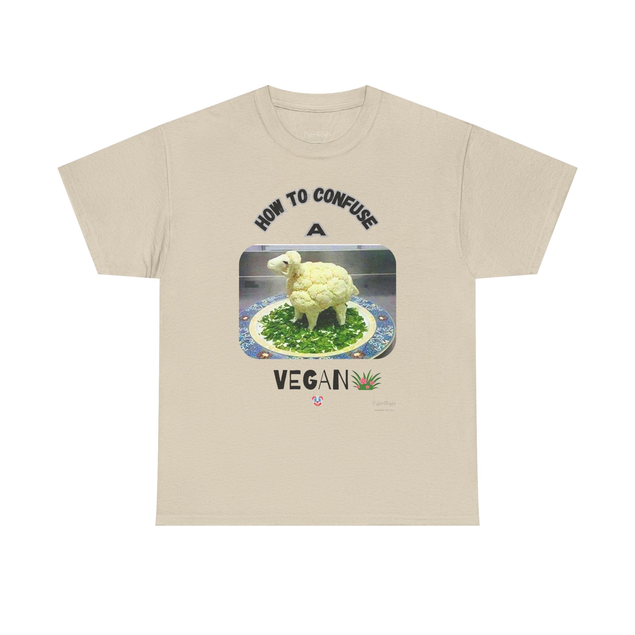 Humorous Tee "How to Confuse a Vegan" Cauliflower Sheep Graphic Shirt