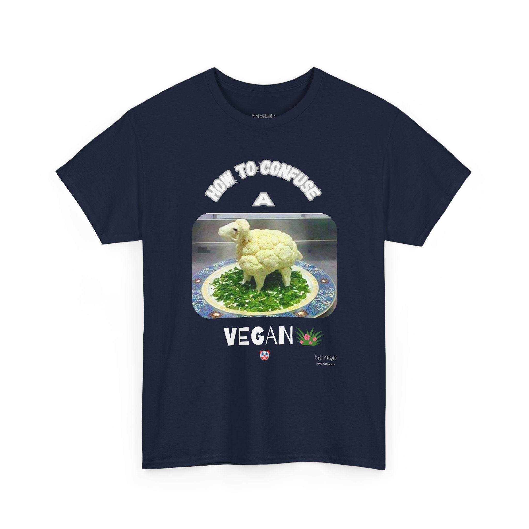 Humorous Tee "How to Confuse a Vegan" Cauliflower Sheep Graphic Shirt