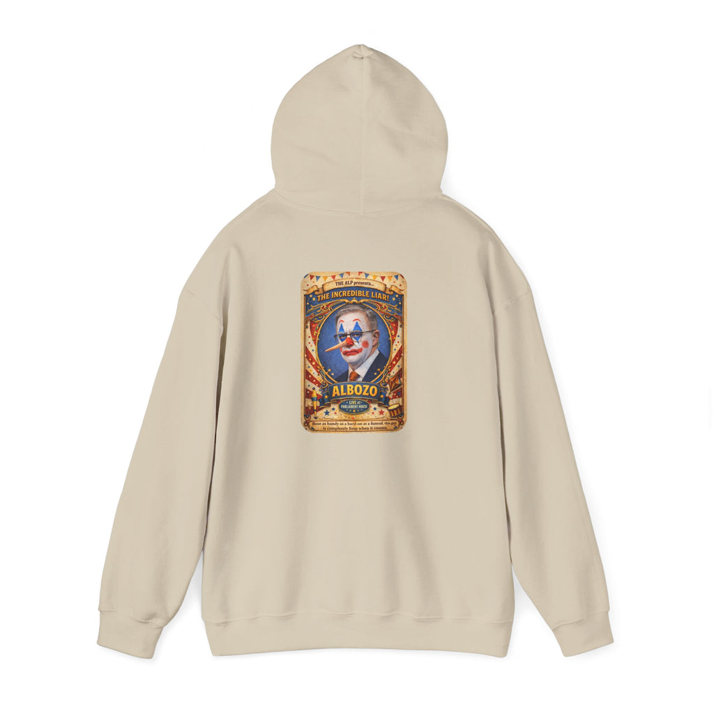 Clown Circus Poster Hoodie — 'Albozo' Retro Carnival Graphic Sweatshirt